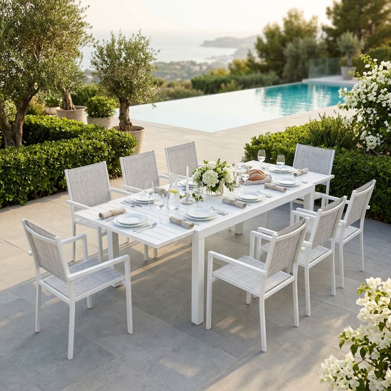 DEXTER - set tavolo in alluminio cm 160/240 x 90 x 75 h con 8 poltrone Venus