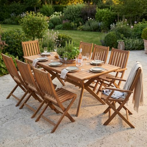 CAESAR - set tavolo in legno massiccio di acacia cm 150/200 x 90 x 78 h con 6 sedie e 2 poltrone Dresda