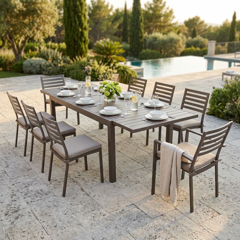 DEXTER - set tavolo in alluminio cm 200/300 x 100 x 74 h con 6 sedie e 2 poltrone Dexter