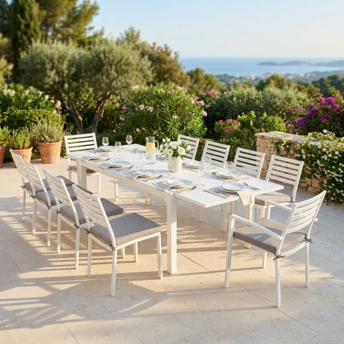 DEXTER - set tavolo in alluminio cm 200/300 x 100 x 74 h con 8 sedie e 2 poltrone Dexter