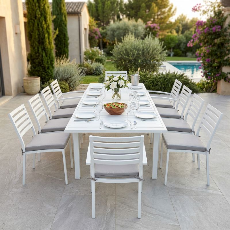 DEXTER - set tavolo in alluminio cm 200/300 x 100 x 74 h con 8 sedie e 2 poltrone Dexter