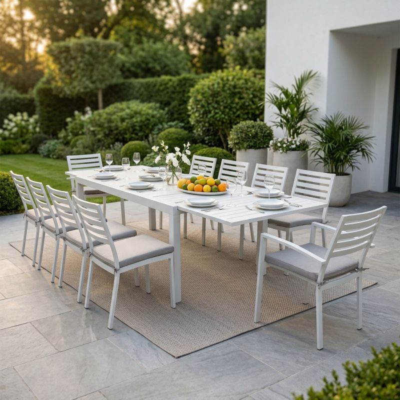 DEXTER - set tavolo in alluminio cm 200/300 x 100 x 74 h con 8 sedie e 2 poltrone Dexter