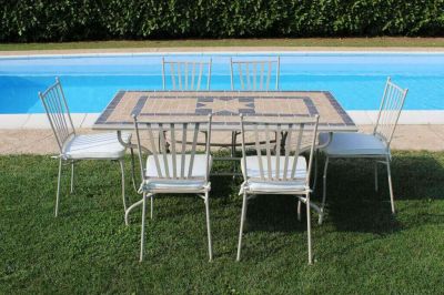 VENTUS - set tavolo in alluminio e teak cm 160 x 90 x 74 h con 6 sedie Ventus