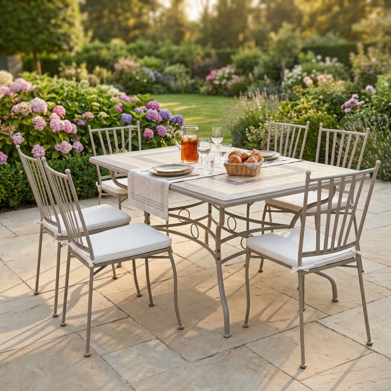 VENTUS - set tavolo in ferro cm 160 x 90 x 74 h con 6 sedie Ventus