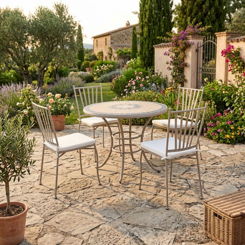 VENTUS - set tavolo in ferro Ø 90 x 74 h con 4 sedie Ventus