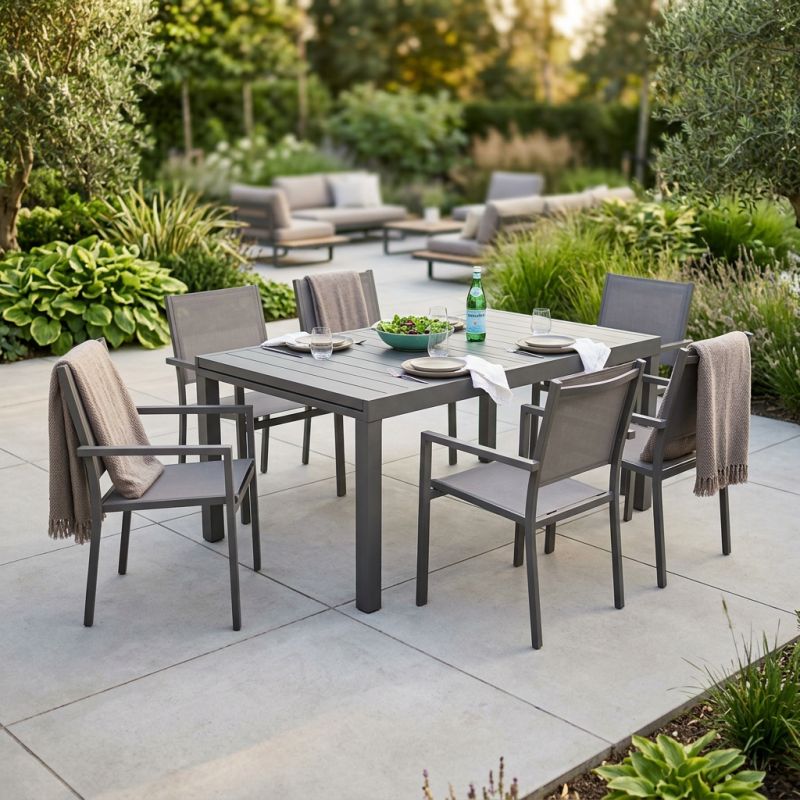 DEXTER - set tavolo in alluminio cm 200/300 x 100 x 74 h con 6 poltrone Venus