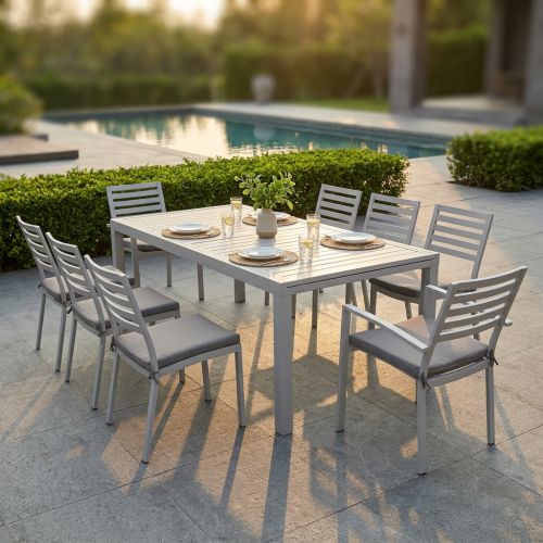 DEXTER - set tavolo in alluminio cm 200/300 x 100 x 74 h con 6 sedie e 2 poltrone Dexter