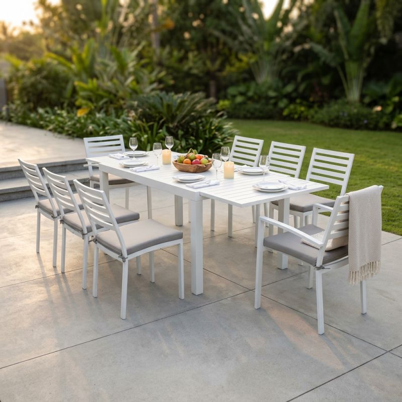 DEXTER - set tavolo in alluminio cm 160/240 x 90 x 75 h con 6 sedie e 2 poltrone Dexter