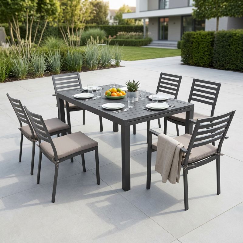 DEXTER - set tavolo in alluminio cm 160/240 x 90 x 75 h con 4 sedie e 2 poltrone Dexter