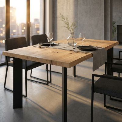 ARNOLD - tavolo da pranzo moderno in acciaio e rovere impiallacciato