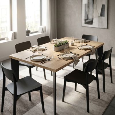 ARNOLD - tavolo da pranzo moderno in acciaio e rovere impiallacciato