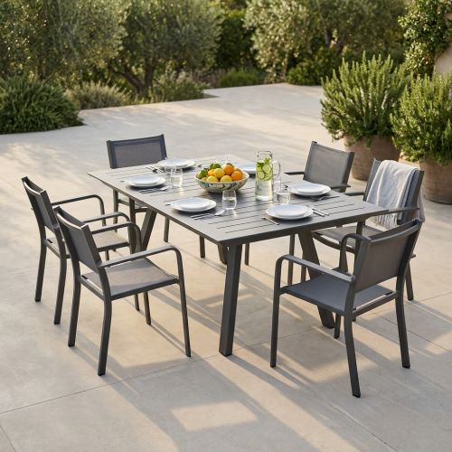 SPLENDOR - set tavolo in alluminio cm 200/300 x 110 x 75 h con 6 poltrone Splendor