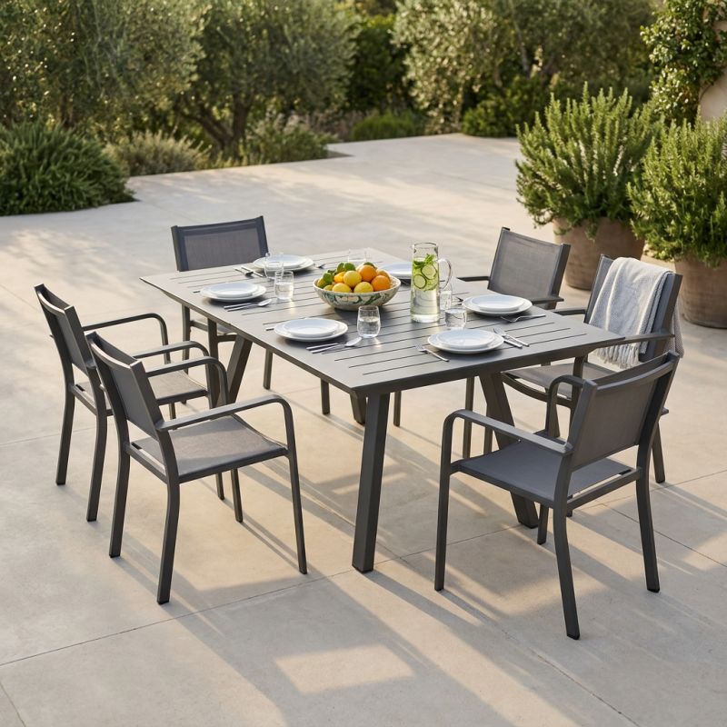 SPLENDOR - set tavolo in alluminio cm 200/300 x 110 x 75 h con 6 poltrone Splendor