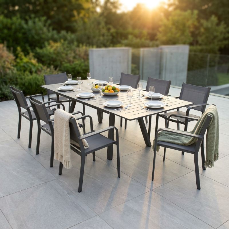 SPLENDOR - set tavolo in alluminio cm 200/300 x 110 x 75 h con 8 poltrone Splendor