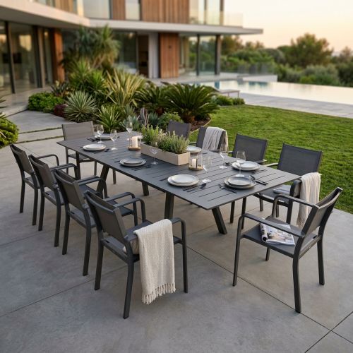 SPLENDOR - set tavolo in alluminio cm 200/300 x 110 x 75 h con 10 poltrone Splendor