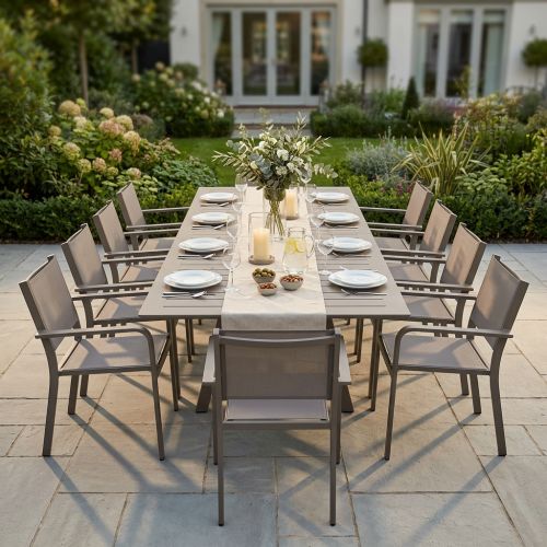 SPLENDOR - set tavolo in alluminio cm 200/300 x 110 x 75 h con 10 poltrone Splendor