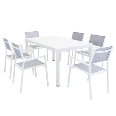 OMEN - set tavolo in alluminio e teak cm 150 x 90 x 74 h con 6 poltrone Aulus