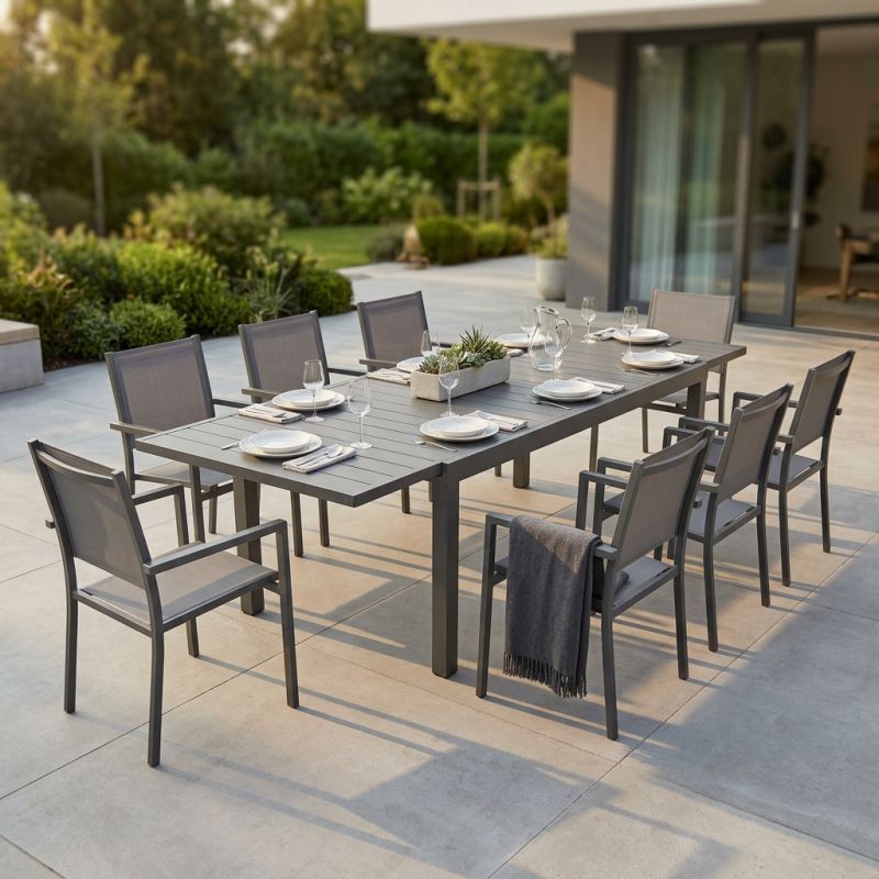 DEXTER - set tavolo in alluminio cm 200/300 x 100 x 74 h con 8 poltrone Venus