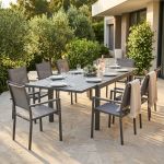 DEXTER - set tavolo in alluminio cm 200/300 x 100 x 74 h con 8 poltrone Venus