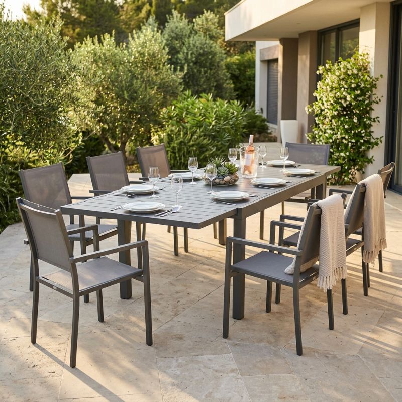 DEXTER - set tavolo in alluminio cm 200/300 x 100 x 74 h con 8 poltrone Venus