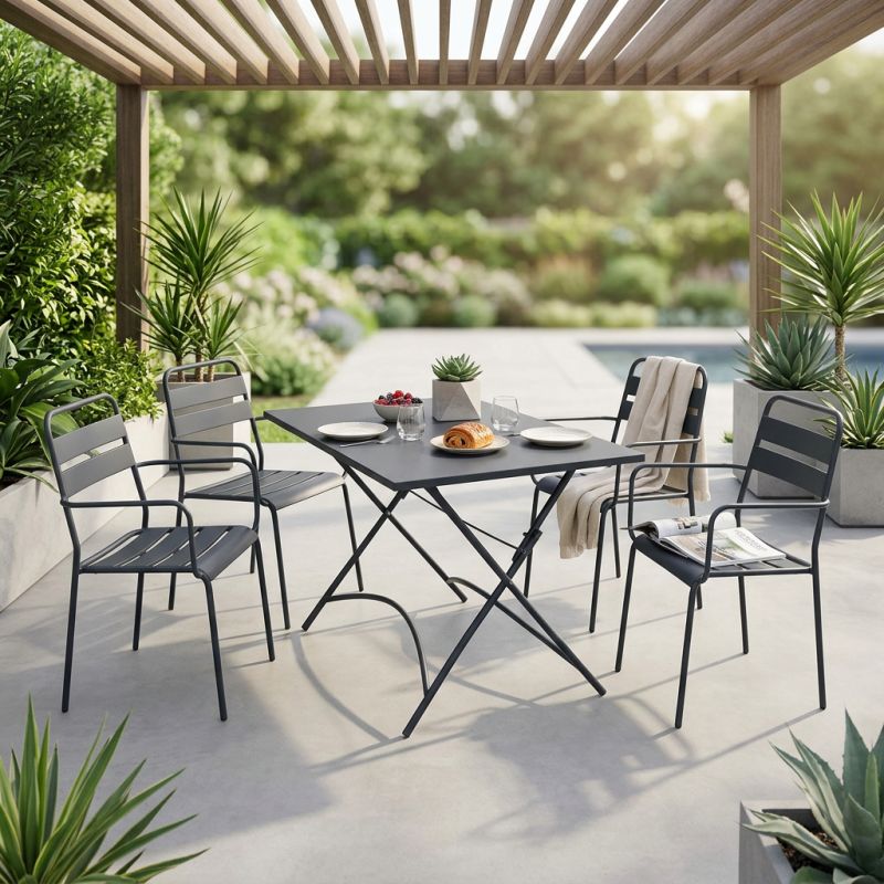 ROMANUS - set tavolo in metallo cm 110 x 70 x 72 h con 4 poltrone Romanus