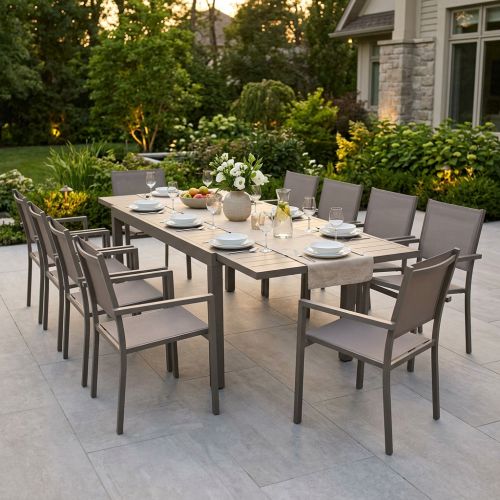 DEXTER - set tavolo in alluminio cm 200/300 x 100 x 74 h con 10 poltrone Venus