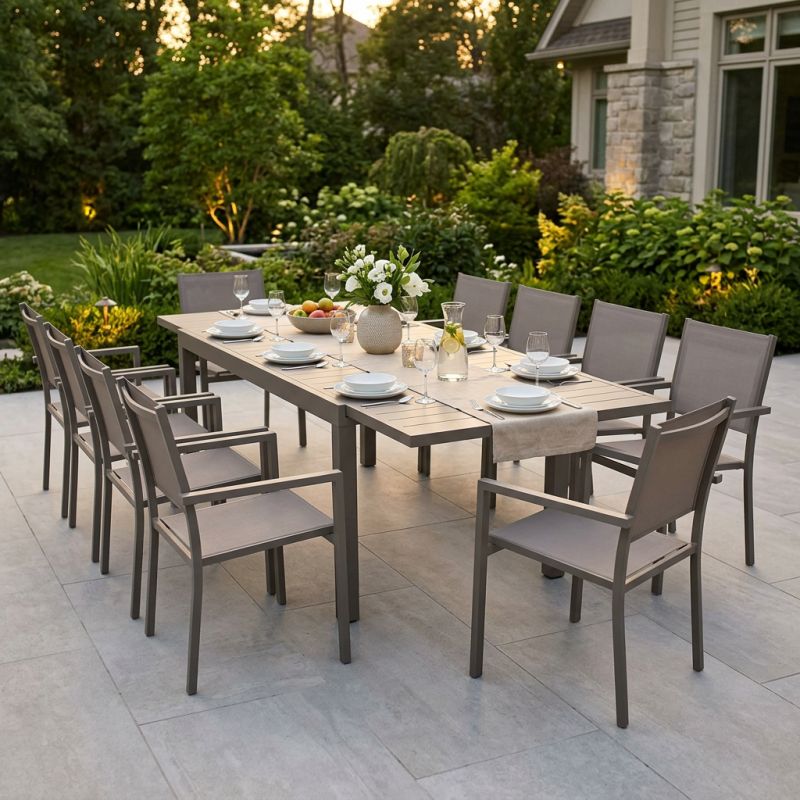 DEXTER - set tavolo in alluminio cm 200/300 x 100 x 74 h con 10 poltrone Venus