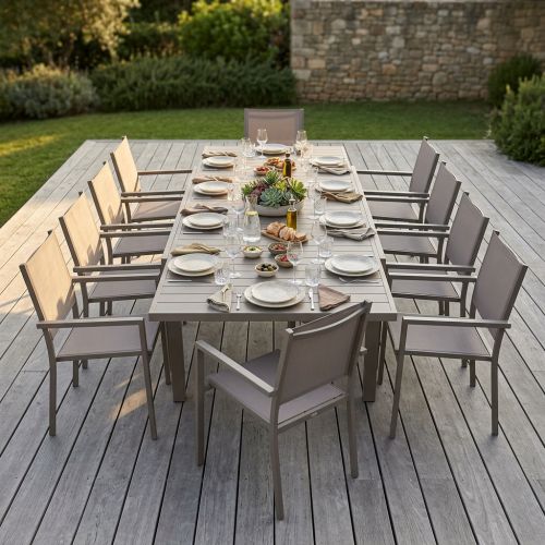 DEXTER - set tavolo in alluminio cm 200/300 x 100 x 74 h con 10 poltrone Venus