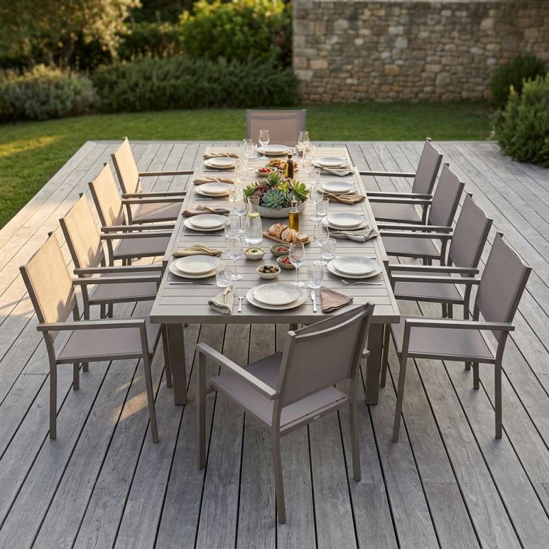 DEXTER - set tavolo in alluminio cm 200/300 x 100 x 74 h con 10 poltrone Venus