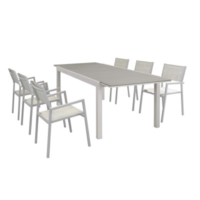 TRIUMPHUS - set tavolo in alluminio e teak cm 180/240 x 100 x 73 h con 6 poltrone Aulus