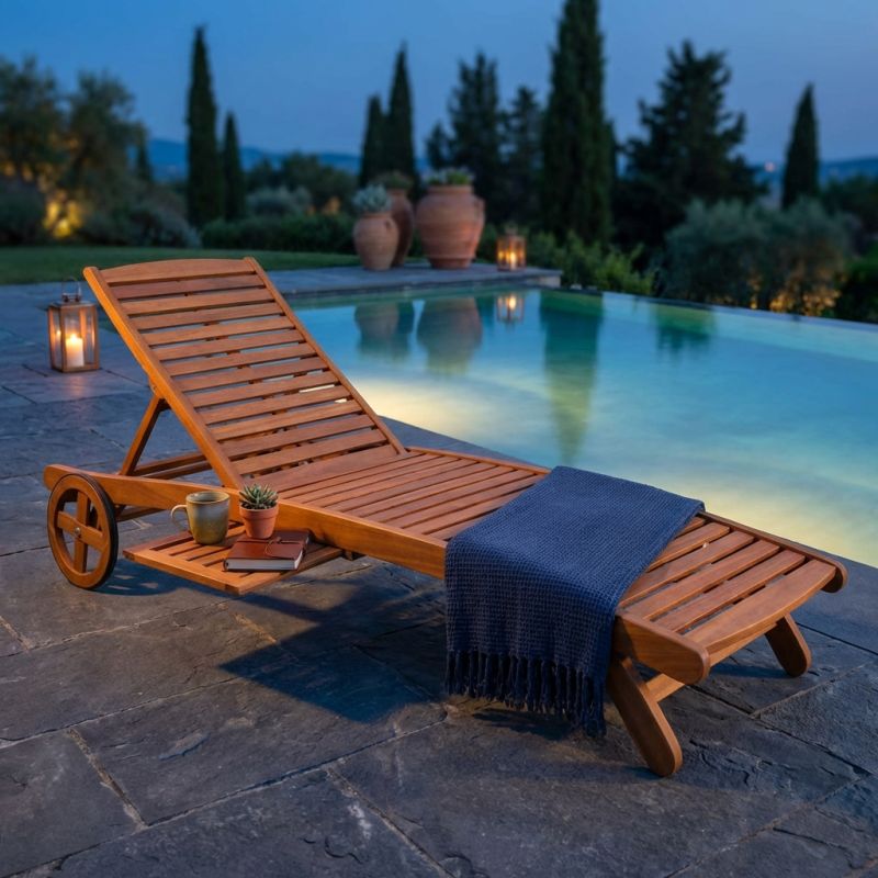 SILIS - lettino prendisole in legno massiccio di acacia con ruote