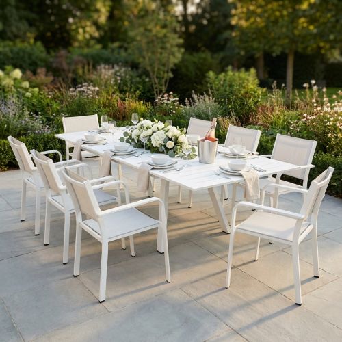 SPLENDOR - set tavolo in alluminio cm 200/300 x 110 x 75 h con 8 poltrone Splendor