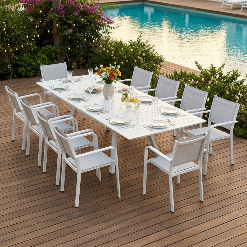 SPLENDOR - set tavolo in alluminio cm 200/300 x 110 x 75 h con 10 poltrone Splendor