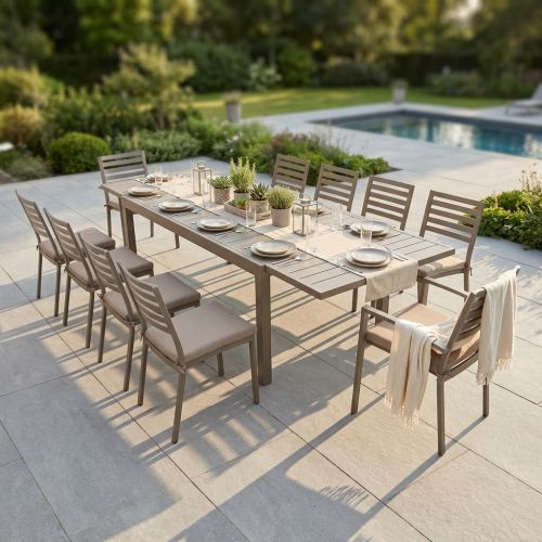 DEXTER - set tavolo in alluminio cm 200/300 x 100 x 74 h con 8 sedie e 2 poltrone Dexter