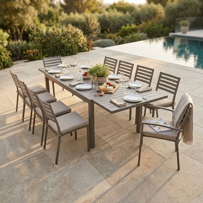 DEXTER - set tavolo in alluminio cm 200/300 x 100 x 74 h con 8 sedie e 2 poltrone Dexter