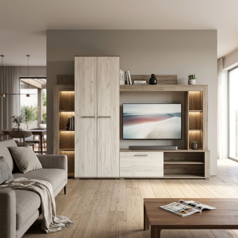 NILA - parete attrezzata moderna colore rovere grigio bianco