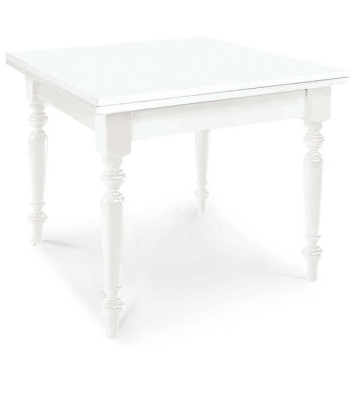 GEORDIE - tavolo da pranzo allungabile a libro in legno massello bianco gamba tornita cm 100 X 100/200