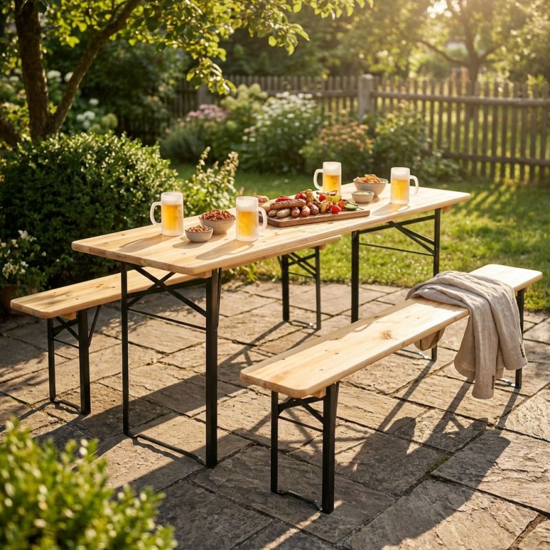 Set birreria con tavolo e due panche a tre gambe