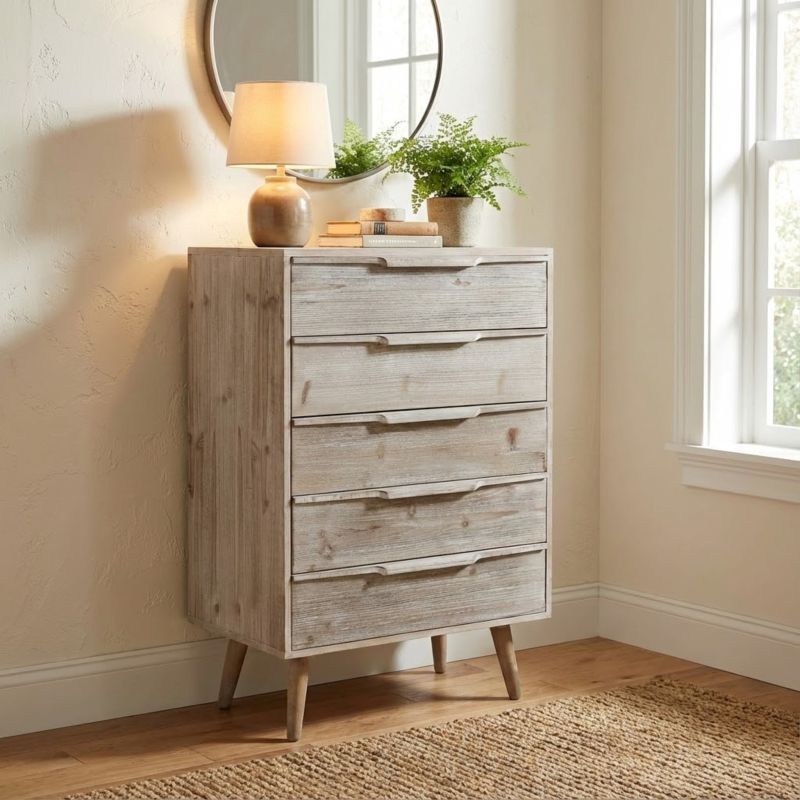 ANGELINE - mobiletto 5 cassetti in paulownia e mdf industrial