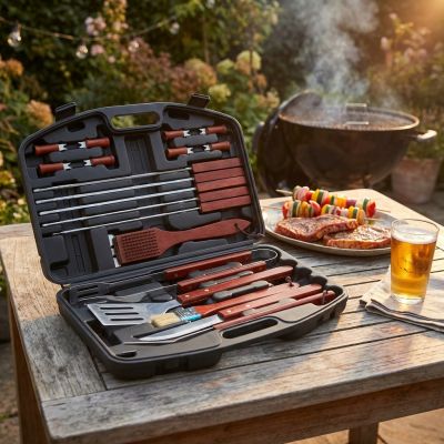 Valigetta attrezzi per barbecue con 18 accessori manico legno