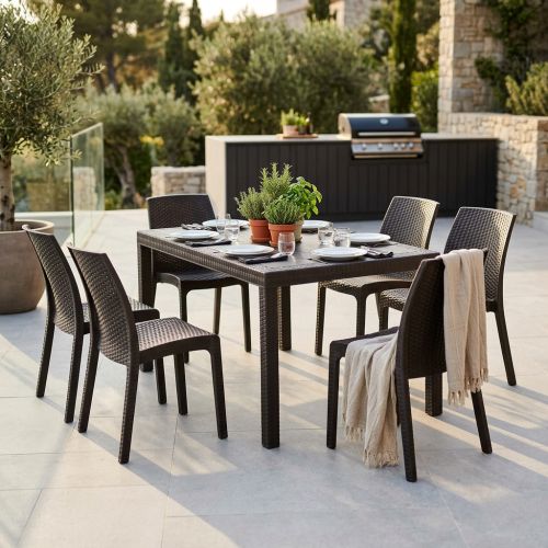 CALIGOLA - set tavolo in resina effetto rattan cm 150 x 90 x 74 h con 6 sedie Alma