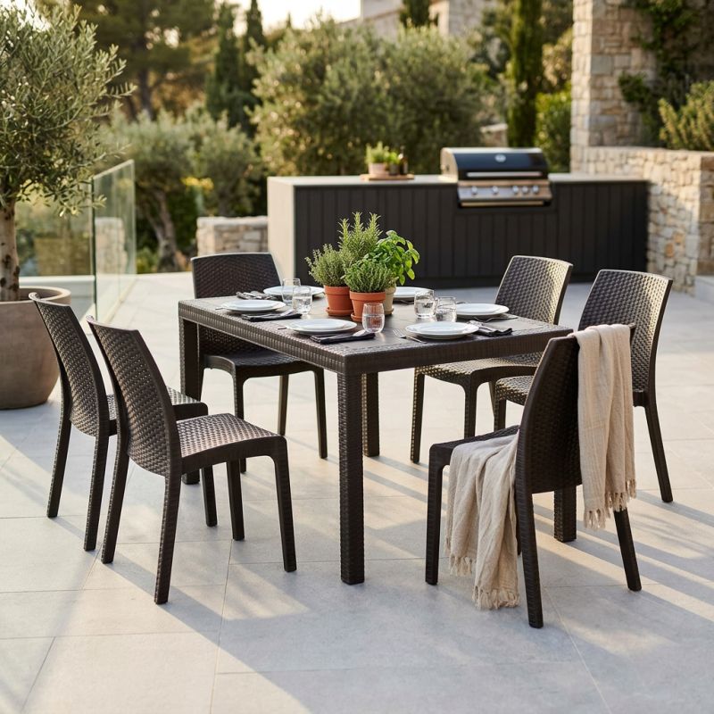 CALIGOLA - set tavolo in resina effetto rattan cm 150 x 90 x 74 h con 6 sedie Alma