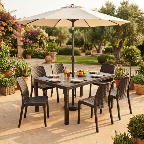 CALIGOLA - set tavolo in resina effetto rattan cm 150 x 90 x 74 h con 6 sedie Alma
