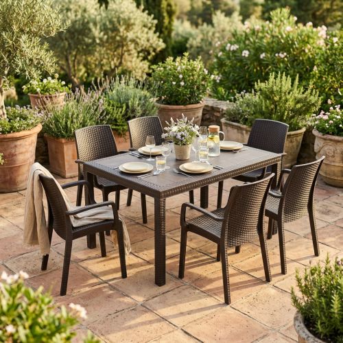 CALIGOLA - set tavolo inresina effetto rattan cm 150 x 90 x 74 h con 6 poltrone Alma