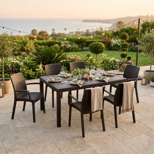 CALIGOLA - set tavolo inresina effetto rattan cm 150 x 90 x 74 h con 6 poltrone Alma
