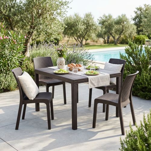 CALIGOLA - set tavolo in resina effetto rattan cm 150 x 90 x 74 h con 4 sedie Alma