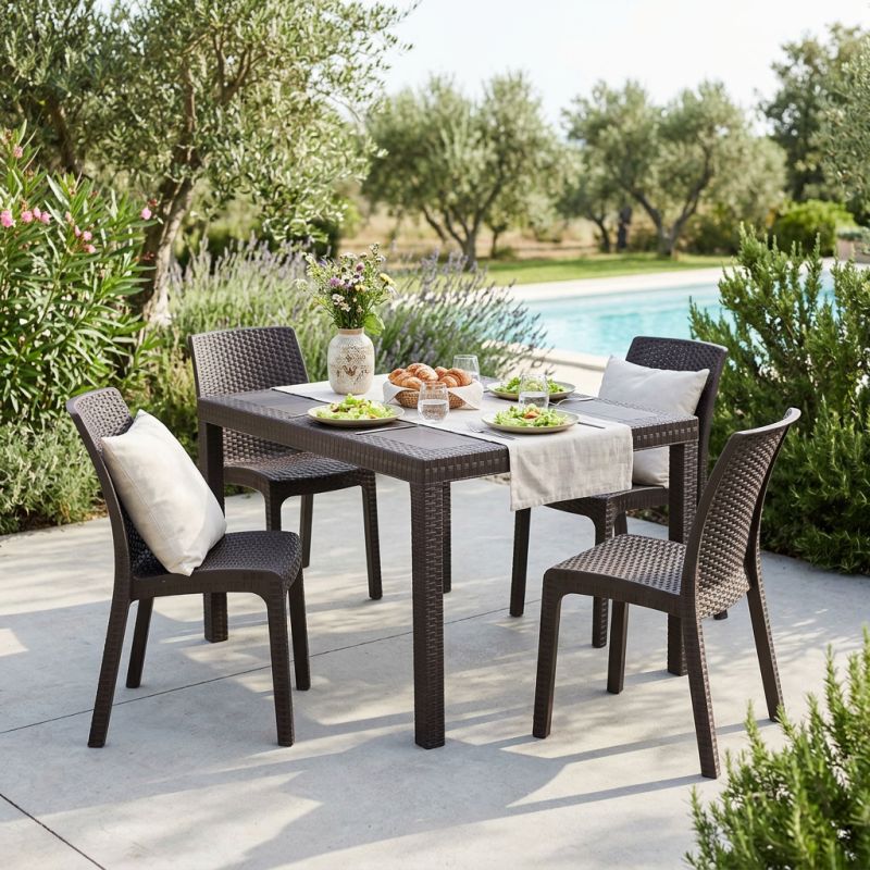 CALIGOLA - set tavolo in resina effetto rattan cm 150 x 90 x 74 h con 4 sedie Alma