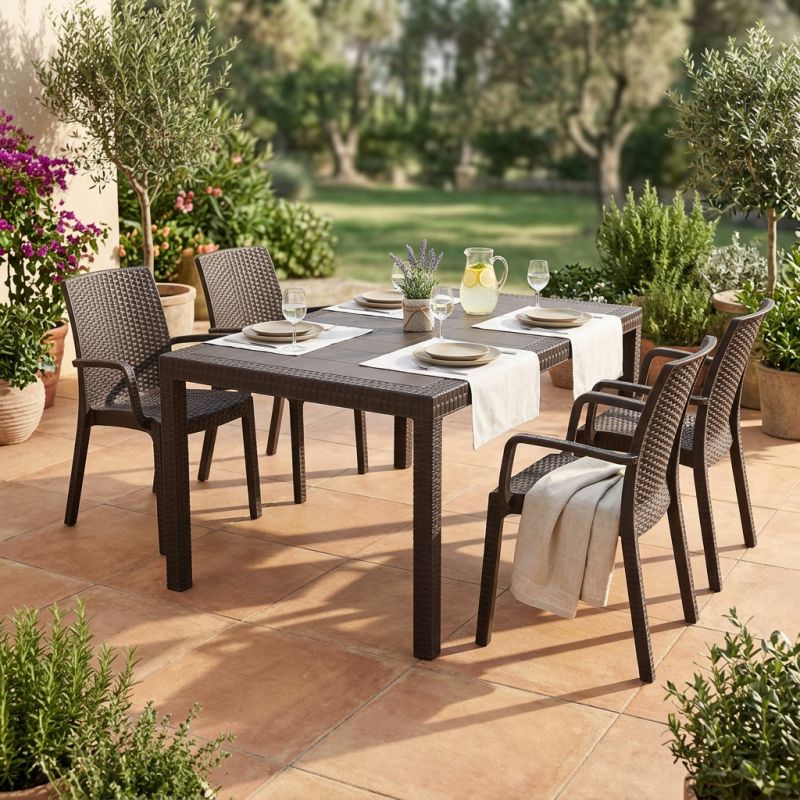 CALIGOLA - set tavolo in resina effetto rattan cm 150 x 90 x 74 h con 4 poltrone Alma