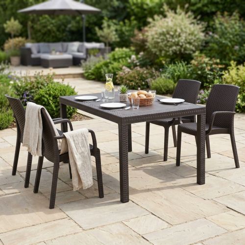 CALIGOLA - set tavolo in resina effetto rattan cm 150 x 90 x 74 h con 4 poltrone Alma