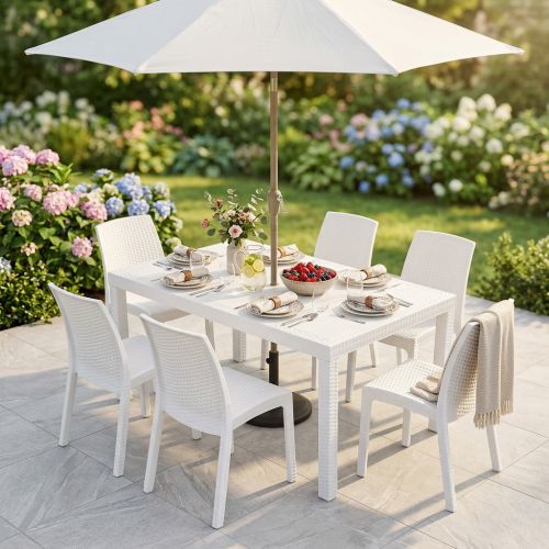 CALIGOLA - set tavolo in resina effetto rattan cm 150 x 90 x 74 h con 6 sedie Alma